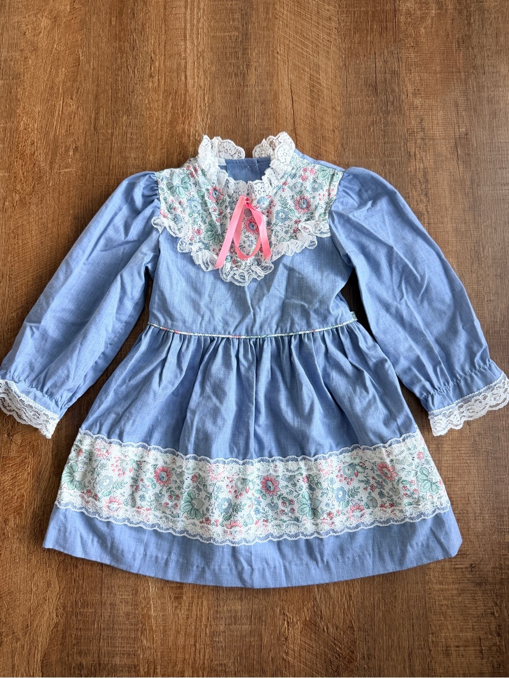 Sears Blue Floral Lace-Accent Long Sleeve Girls Dress with Pink Ribbon